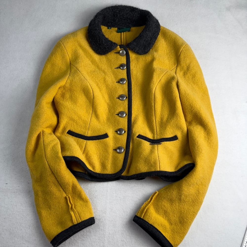 Geiger Austria Womens Mustard Boiled Wool Tyrolean Jacket Grey Trim Size 38